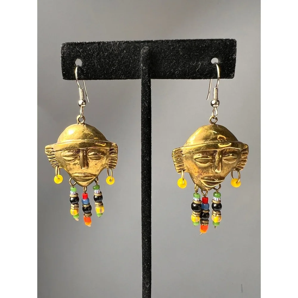 Hand Cast African Tribal Brass Mask Beaded Multicolor Dangle Earrings